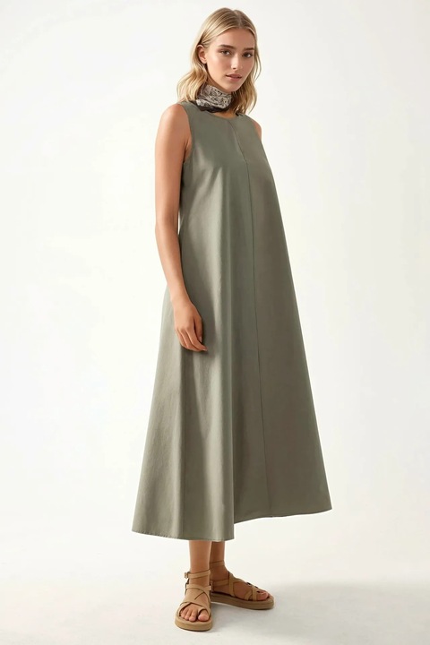 Rochie maxi, HiCCUP, decolteu rotund, fara maneci, verde, textil