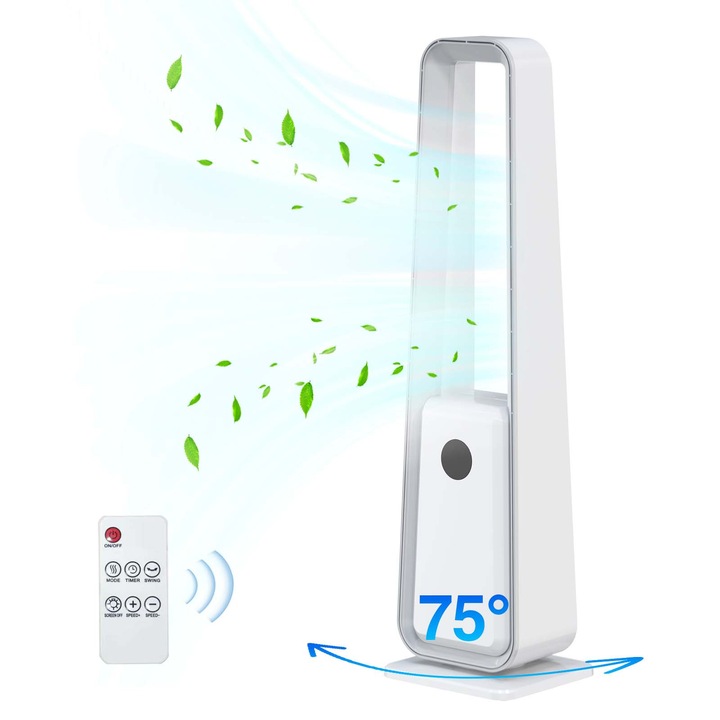 Ventilátor torony lapát nélkül, Aiorber, 3 az 1-ben, légtisztítás, 3 fokozatú légáramlás, 75°-os bal/jobb oszcilláció, távirányítóval, fehér