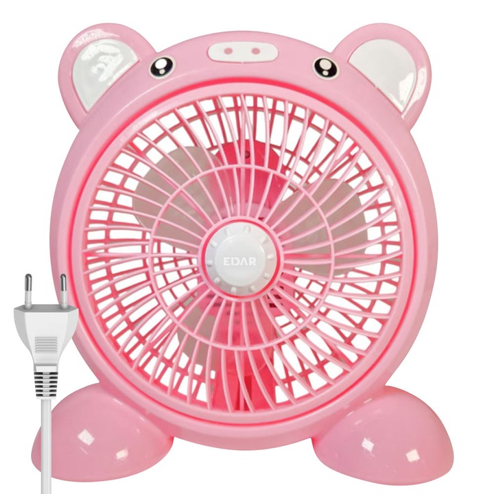 Вентилатор за маса, бюро или нощно шкафче EDAR, за детска стая, две скорости на вентилация, контакт, безшумен, модел мече, розов