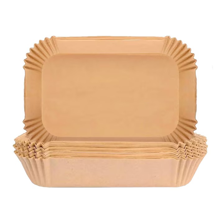 Set 100 de bucati hartie de copt pentru Air Fryer, cuptor cu microunde, friteuza, unica folosinta, dreptunghiulare, biodegradabile, 22x14x4.5cm, rezistente la caldura 220°C, Maro