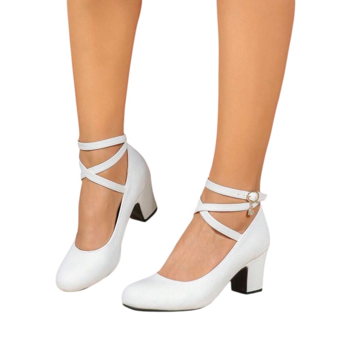 Pantofi dama, albi, bretele in x, toc 6cm, 40EU
