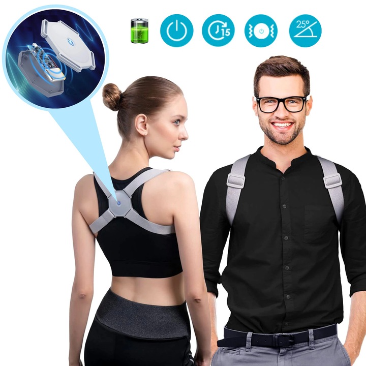 Corector de Postura Inteligent cu Senzor de Vibratie pentru Indreptare Spate, Umeri si Coloana, GermaNova™, Gri, Marime Universala