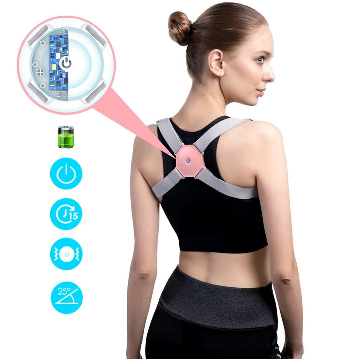 Интелигентен коректор за стойка с вибрационен сензор за изправен гръб и подравняване на раменете и гръбначния стълб, GermaNova™, розов, универсален размер
