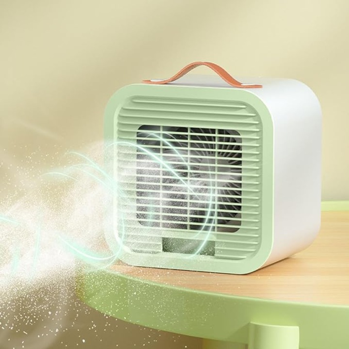 Mini aer conditionat, portabil, cu bareta de transport, functionare pe baza de apa si gheata, incarcare USB, 3 viteze, alb