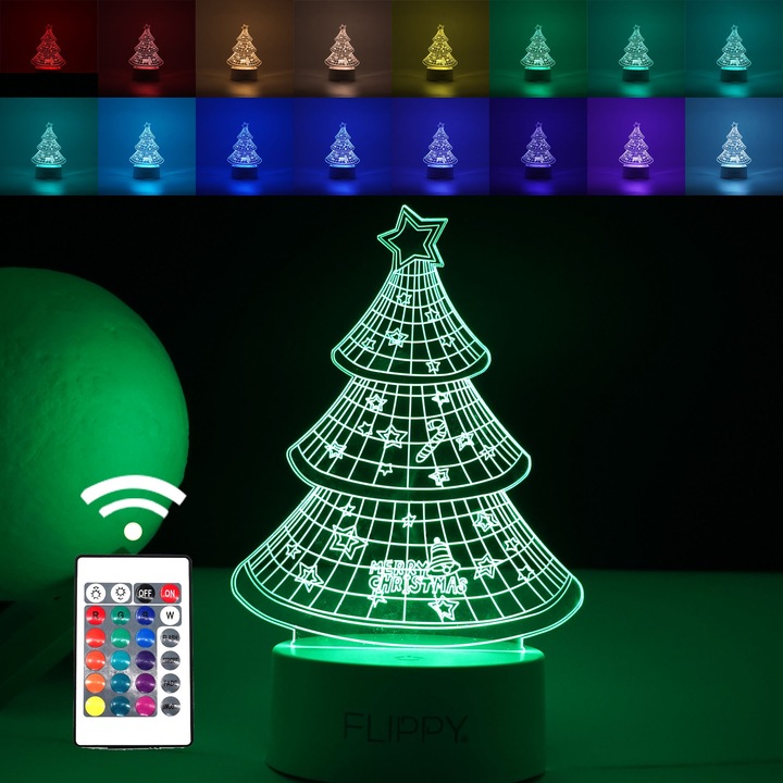 Lampa LED decorativa, Leski, 3D, Pom de Craciun, din material acril si lumina multicolora, alb