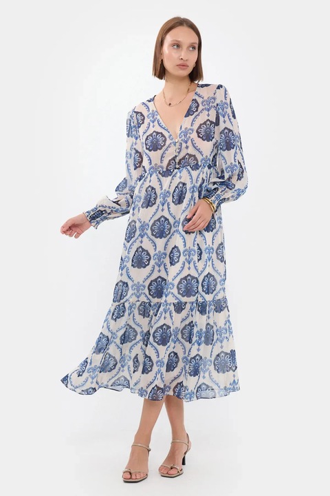 Макси рокля, HiCCUP, абстрактна, V-образно деколте, копчета, синя, текстил