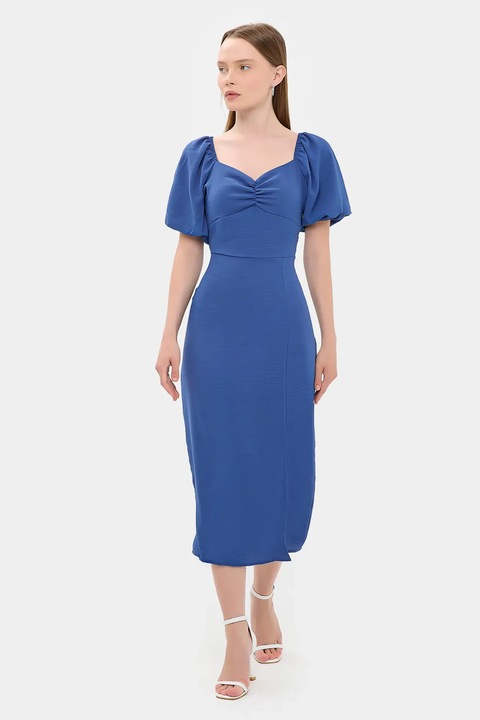 Rochie midi, HiCCUP, decolteu in forma de inima, crapatura laterala, textil, Albastru de cobalt, XL