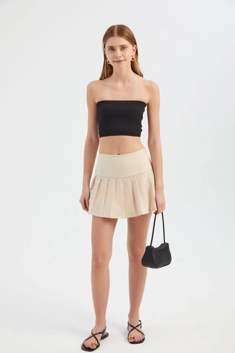 Fusta mini plisata dama, HiCCUP, textil, talie inalta, bej