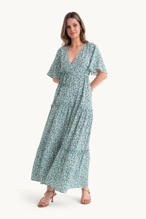 Rochie maxi, HiCCUP, imprimeu floral, decolteu in V, verde, textil