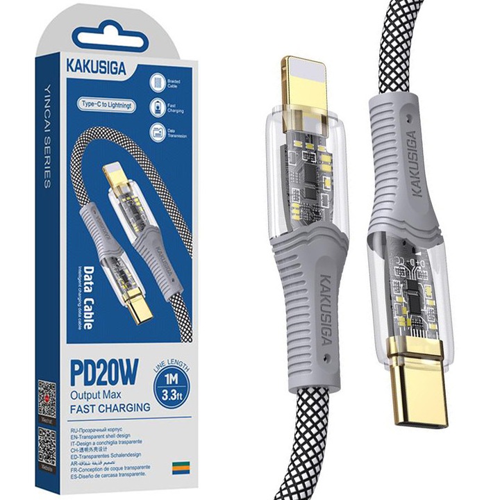 KSC-809 kábel, Type-C - Lightning, iPhone kompatibilis, gyorstöltés 20W, szürke