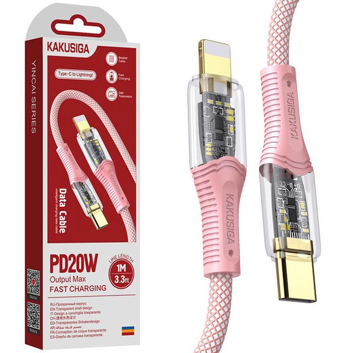 KSC-809 kábel, Type-C - Lightning, iPhone kompatibilis, gyorstöltés 20W, rózsaszín