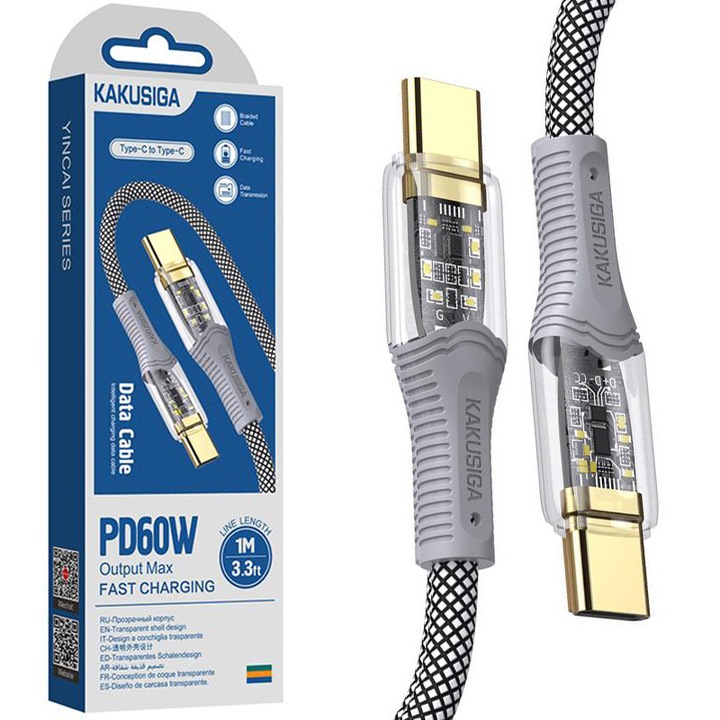 Cablu KSC-809, Type-C la Type-C, Compatibil iPhone 15/16 si Android, Incarcare rapida 60W, Gri