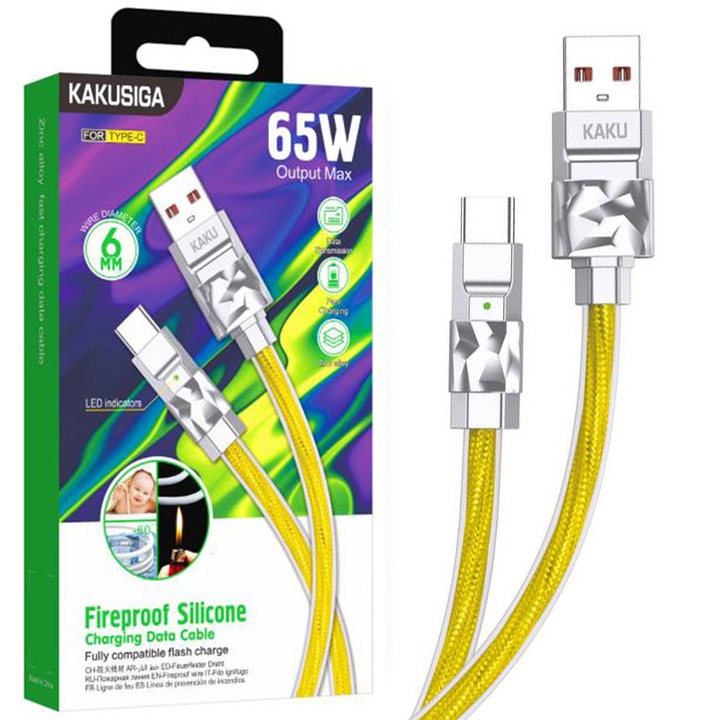 Cablu KSC-956, USB la Type-C, Compatibil iPhone 15/16 si Android, Transfer date 65W, Galben