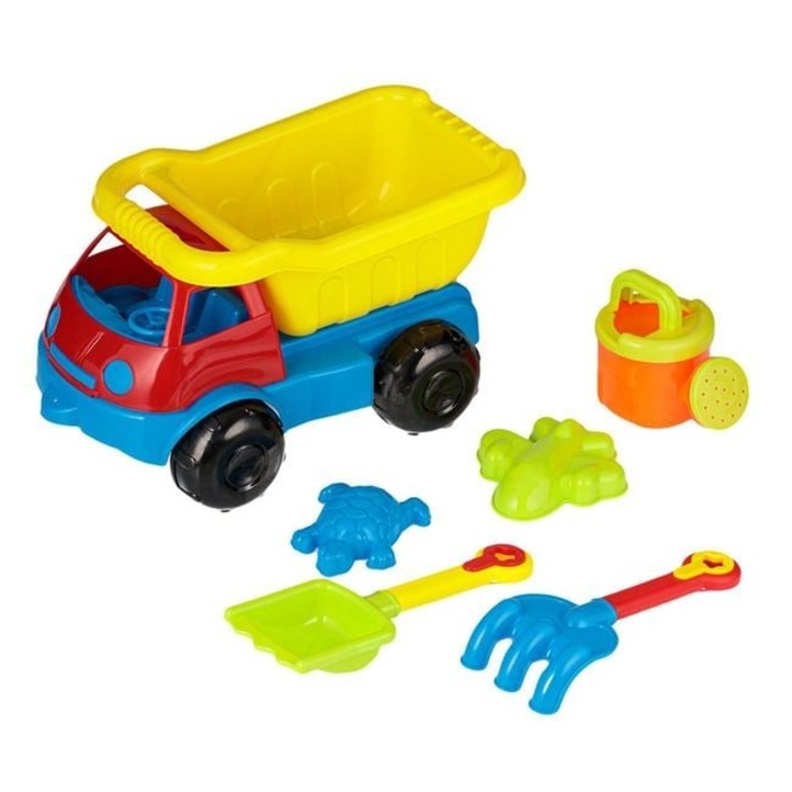 Set Jucarii Plaja Copii, ANTBRO®, Camion Bleu cu 5 Accesorii, Galetusa, Lopata, Grebla, Forme si Stropitoare