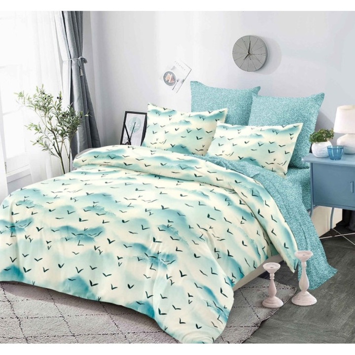 Lenjerie de Pat Dublu, Primavara, Cearsaf cu Elastic, 6 piese, Imprimeu Pasari Calatoare, 2 persoane, 180x200cm, Finet, Turcoaz-Alb