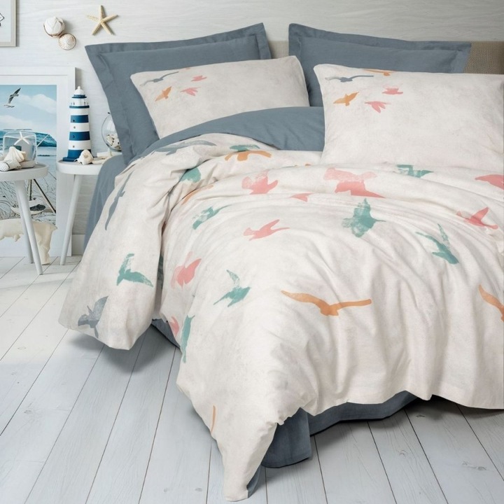 Lenjerie pat dublu cu pescarusi, bumbac 100% ranforce, cearsaf de pat 240x260 cm, 4 piese, Cotton Box, Kaija