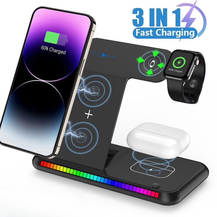 Nitoplay® K88 vezeték nélküli töltő, 3 az 1-ben gyorstöltés 15W, Samsung, Apple, Google, intelligens LED-világítás, összecsukható, minimalista dizájn, USB-C, AirPods, Apple Watch, egyidejű töltés, védelmi funkciók, gyorstöltés, Magsafe, többszörös töltés