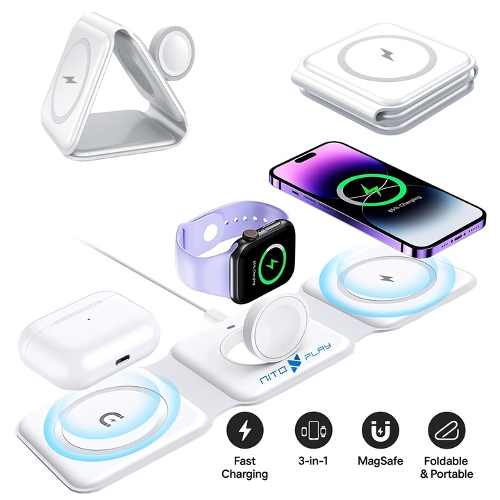 Incarcator Wireless Nitoplay® KS30, 3 in 1 Telefon, Ceas, Casti, Fast Charging 15W, Incarcare Simultana, Iphone, Apple, Diverse pozitii, Pliabil, Design Minimalist, USB-C, AirPods, Apple Watch, Functii de Protectie, Incarcare Rapida, Magsafe, Pliabil