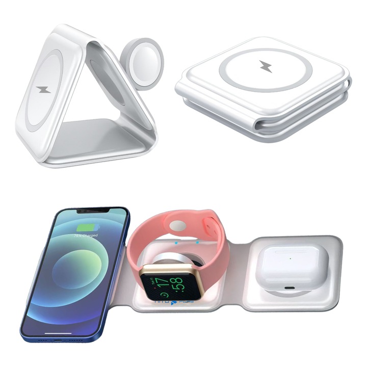 Безжично зарядно Nitoplay® KS30, 3 в 1, 15W, Едновременно зареждане, Сгъваемо, Минималистичен дизайн, USB-C
