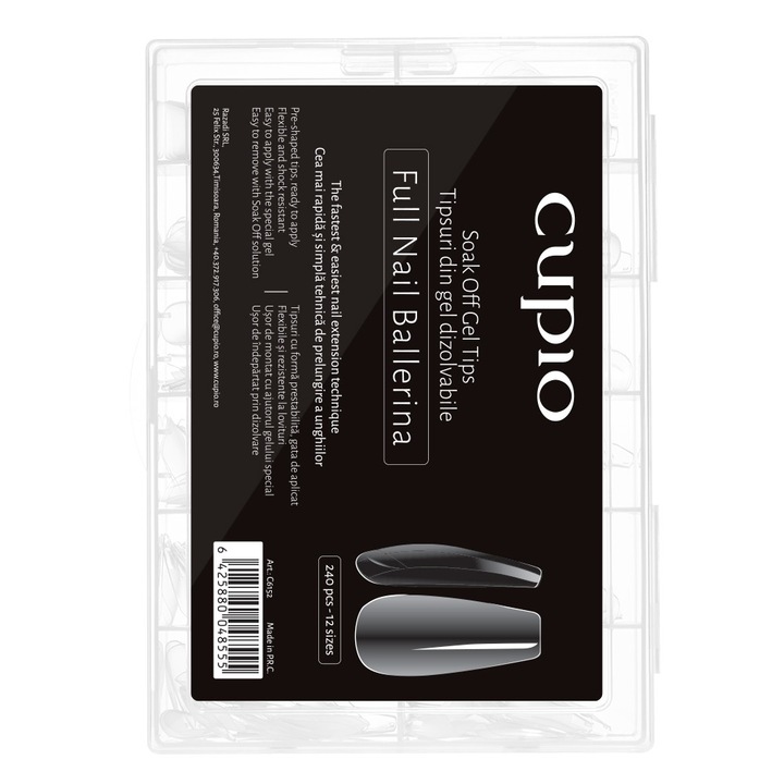 Set tipsuri full nail dizolvabile 240buc, Cupio, transparent, 12 marimi