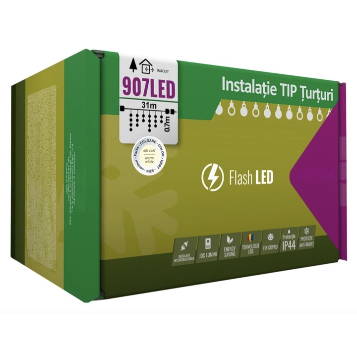 Instalatie Craciun, 31 m, 907 Led-uri, Franjuri, Alb Cald, Flash, Transformator cu Telecomanda, Interconectabila, Prelungitor 5 m Inclus, Fir Negru, Pentru Casa si Gradina