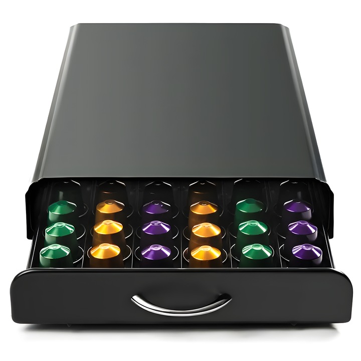 Suport Capsule de Cafea Teno®, design tip sertar, compatibil cu capsule nespresso, tchibo, 39 x 26 x 6.5 cm, negru
