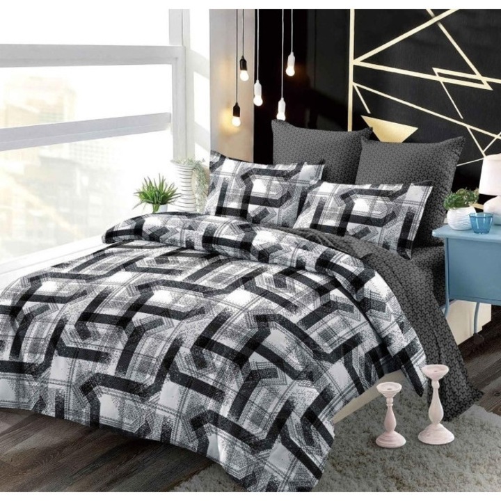 Lenjerie de Pat Dublu, Primavara, Cearsaf cu Elastic, 6 piese, Imprimeu Abstract, 2 persoane, 180x200cm, Finet, Non Culori