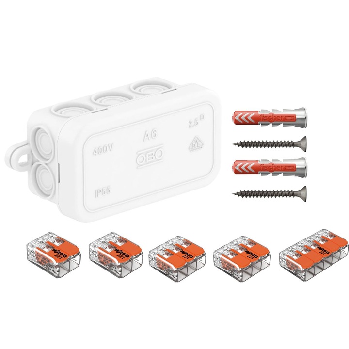 Doza de derivatie, Cutie conexiuni OBO BETTERMANN A6 alb, cu10 intrari, 69x32x30 mm dotata cu cleme Wago 221-412 2 buc, 221-413 2 buc, 221-415 1 buc si dibluri Fischer DuoPower 6x30 2 buc