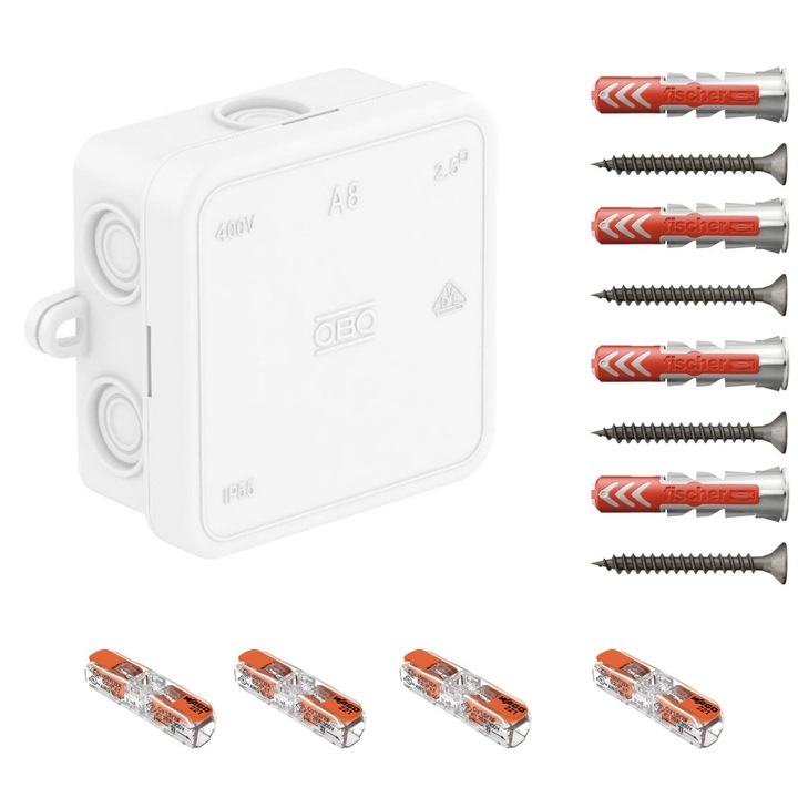 Doza de derivatie, Cutie conexiuni OBO BETTERMANN A8 alb, cu7 intrari, 65x65x32 mm dotata cu cleme Wago 221-2411 4 buc si dibluri Fischer DuoPower 6x30 4 buc