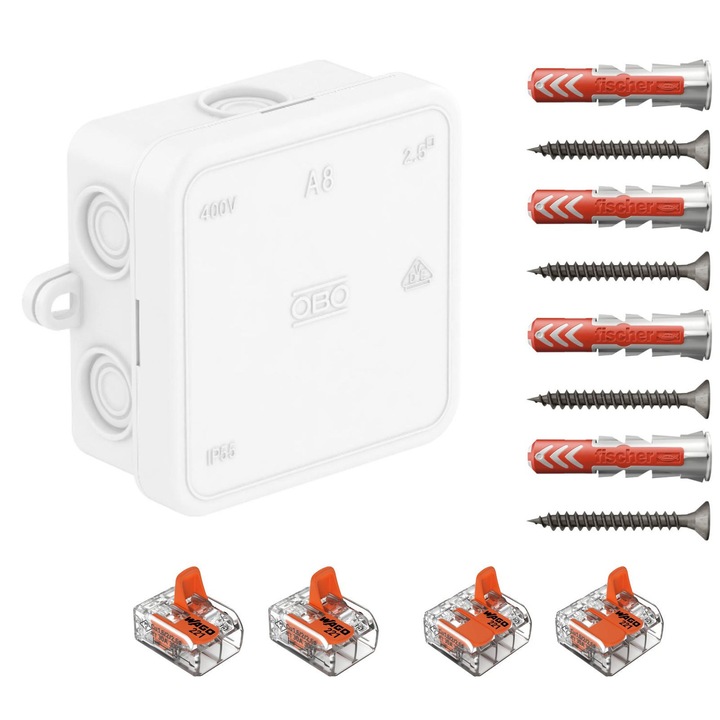 Doza de derivatie, Cutie conexiuni OBO BETTERMANN A8 alb, cu7 intrari, 65x65x32 mm dotata cu cleme Wago 221-612 2 buc, 221-613 2 buc si dibluri Fischer DuoPower 6x30 4 buc