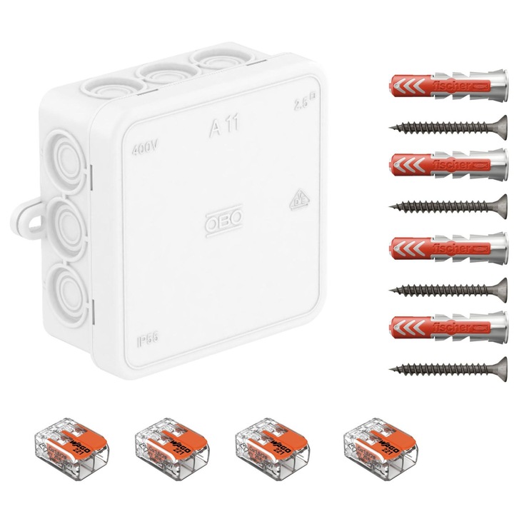 Doza de derivatie, Cutie conexiuni OBO BETTERMANN A11 alb, cu 12 intrari, 75x75x35 mm dotata cu cleme Wago 221-412 4 buc si dibluri Fischer DuoPower 6x30 4 buc