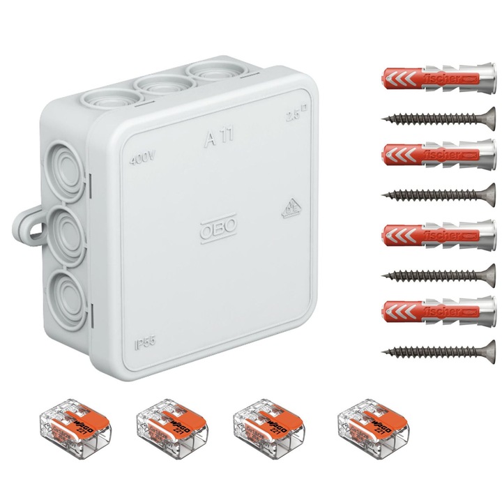 Doza de derivatie, Cutie conexiuni OBO BETTERMANN A11 gri, cu 12 intrari, 75x75x35 mm dotata cu cleme Wago 221-412 4 buc si dibluri Fischer DuoPower 6x30 4 buc