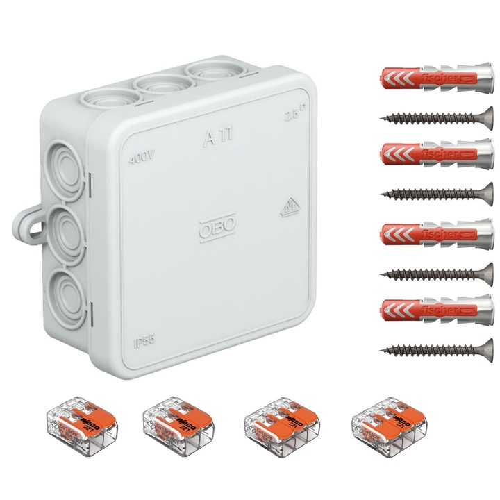 Doza de derivatie, Cutie conexiuni OBO BETTERMANN A11 gri, cu 12 intrari, 75x75x35 mm dotata cu cleme Wago 221-412 2 buc, 221-413 2 buc si dibluri Fischer DuoPower 6x30 4 buc
