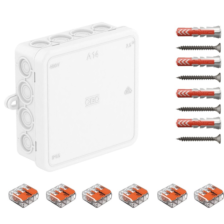 Doza de derivatie, Cutie conexiuni OBO BETTERMANN A14 alb, cu 16 intrari, 90x90x35 mm dotata cu cleme Wago 221-413 6 buc si dibluri Fischer DuoPower 8x40 4 buc