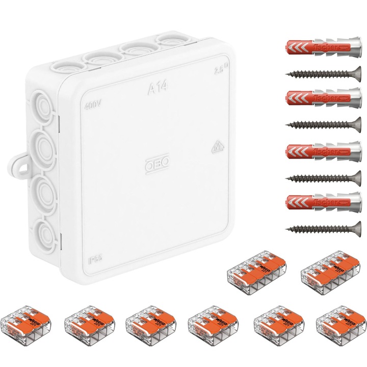 Doza de derivatie, Cutie conexiuni OBO BETTERMANN A14 alb, cu 16 intrari, 90x90x35 mm dotata cu cleme Wago 221-413 6 buc, Wago 221-415 2 buc si dibluri Fischer DuoPower 8x40 4 buc