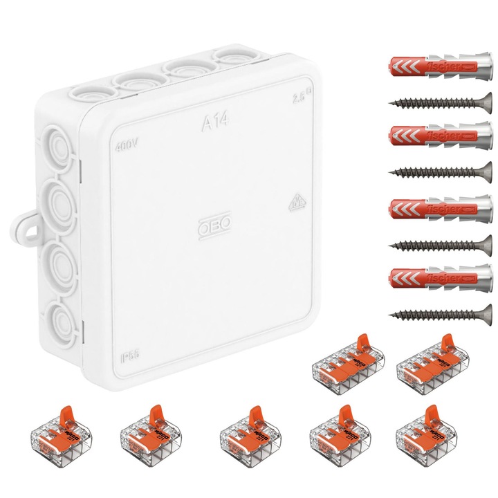 Doza de derivatie, Cutie conexiuni OBO BETTERMANN A14 alb, cu 16 intrari, 90x90x35 mm dotata cu cleme Wago 221-613 5 buc, Wago 221-615 2 buc si dibluri Fischer DuoPower 8x40 4 buc
