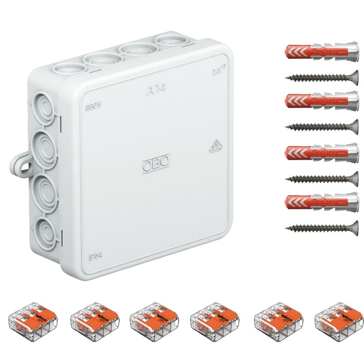 Doza de derivatie, Cutie conexiuni OBO BETTERMANN A14 gri, cu 16 intrari, 90x90x35 mm dotata cu cleme Wago 221-413 6 buc si dibluri Fischer DuoPower 8x40 4 buc