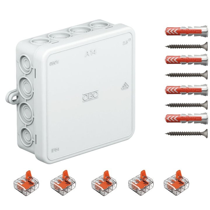 Doza de derivatie, Cutie conexiuni OBO BETTERMANN A14 gri, cu 16 intrari, 90x90x35 mm dotata cu cleme Wago 221-613 5 buc si dibluri Fischer DuoPower 8x40 4 buc