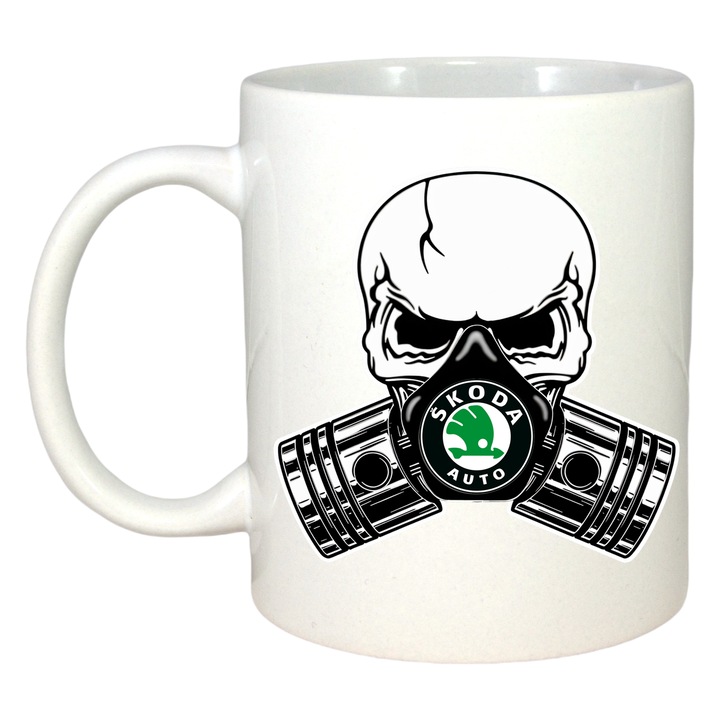 Cana Skoda Skull Pistons, Cri-Flo, Ceramica, 330ml., Maner si interior Alb