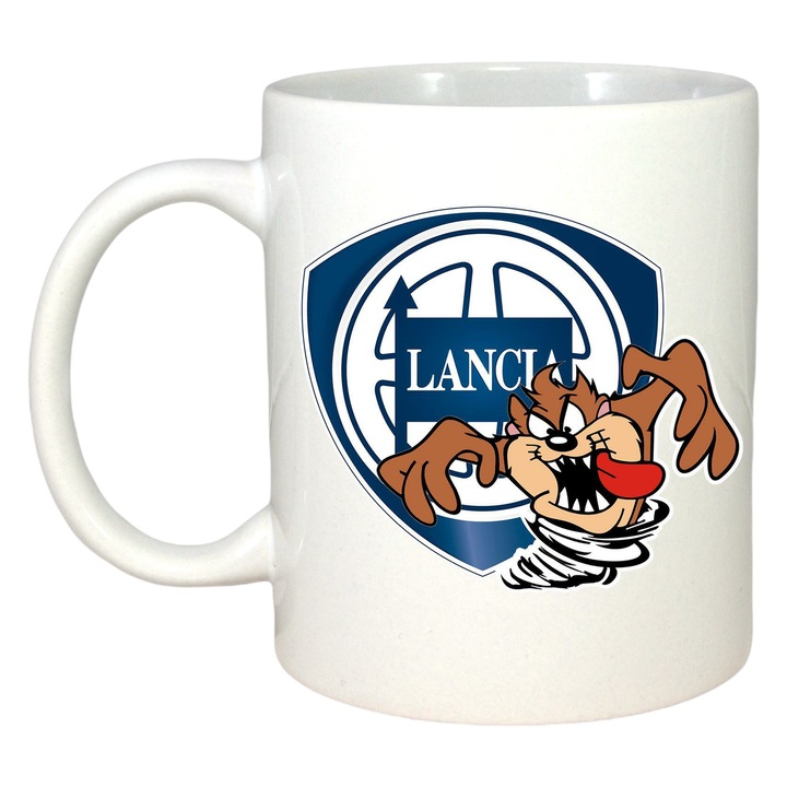 Cana Tazz Vartej Cu Logo Lancia 2, Cri-Flo, Ceramica, 330ml., Maner si interior Alb