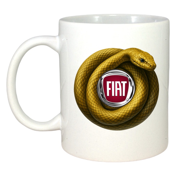 Cana Fiat Sarpe Galben Asteptand Sa Atace, Cri-Flo, Ceramica, 330ml., Maner si interior Alb