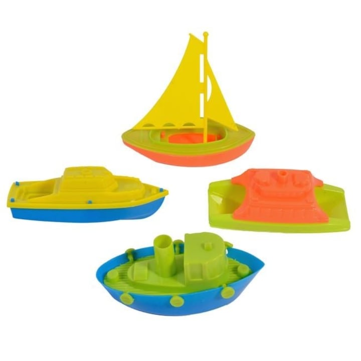Комплект от 4 цветни лодки Antbro, издръжлива пластмаса, игра в пясък и вода, подходящи за деца над 2 години