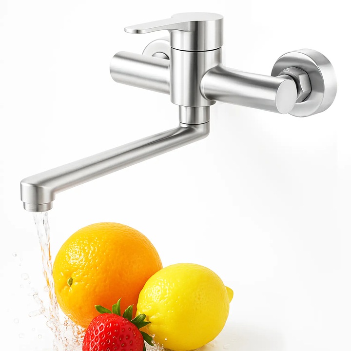 Смесител за кухненска мивка Elindor, вграден, неръждаема стомана, сребрист, въртящ се чучур 23 см