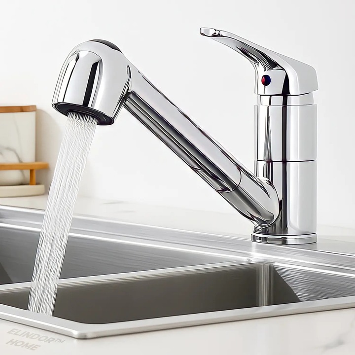 Смесител за кухненска мивка Elindor® Silver, кран за вода, регулируема струя, модерен с гъвкав чучур, издърпваща се душ глава с две функции, еднолостов, въртящ се на 360°, за кухня, месинг, лъскаво хромирано покритие