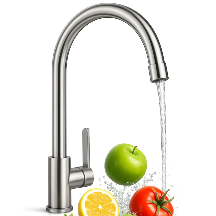 Смесител за кухненска мивка Elindor® Silver, модерен водопроводен кран, с висок чучур, регулируема и аерирана струя, еднолостов, въртящ се на 360°, неръждаема стомана, гланцово покритие