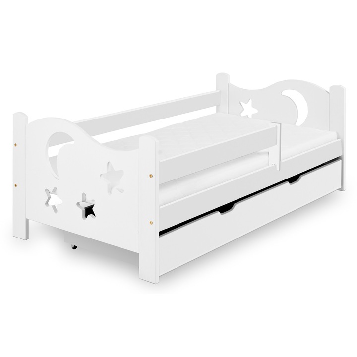 Детско легло, Lili, 184x87x59 см, Бяло, С чекмедже, 100% Масивна борова дървесина, Конструкция от масивна дървесина, Максимален капацитет 150 кг, Лесен и бърз монтаж, Видима текстура на естествено дърво, Със защитен парапет и предпазна опора