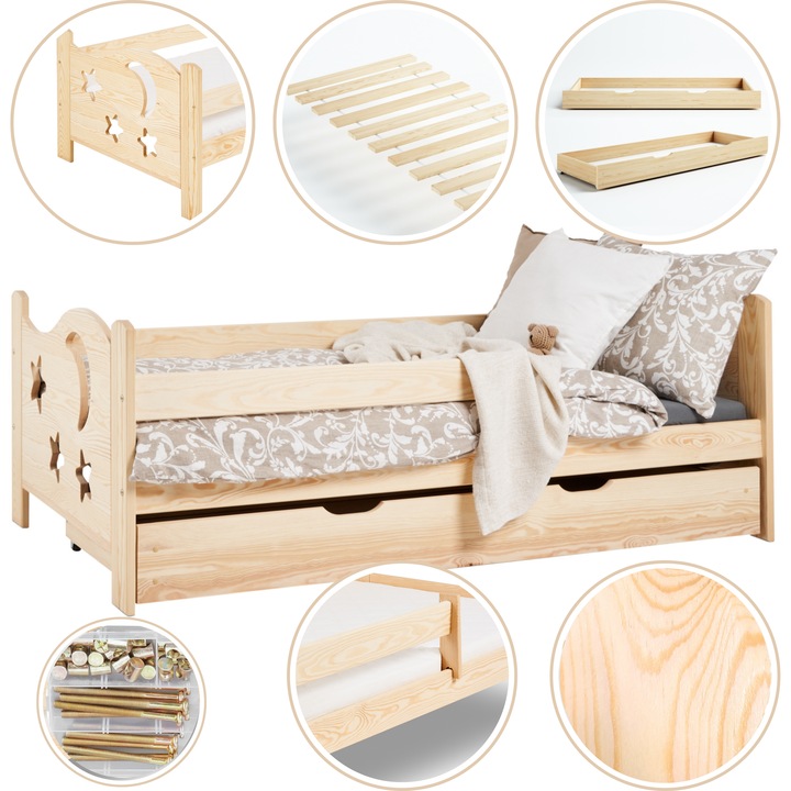 Pat copii Lili 180x80 cm cu sertar, culoare naturala, lacuit, din lemn masiv de pin, cu bariera de protectie si somiera, capacitate 150 kg – design Montessori, sigur si stabil