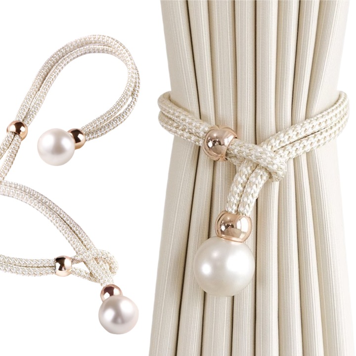 Set de 4 legaturi fara perforare pentru perdele si garnituri de draperii, 48 cm, cu catarama cu perle si curea cu textura tesuta, Elasticitate reglabila, Anti-alunecare, Plastic/Poliester