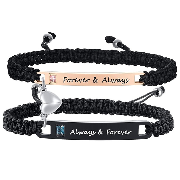 Set 2 bratari cuplu cu magnet inima, BOMSTOM, inox, impletite, unisex, negru si auriu rose, 17.5 x 28.5cm