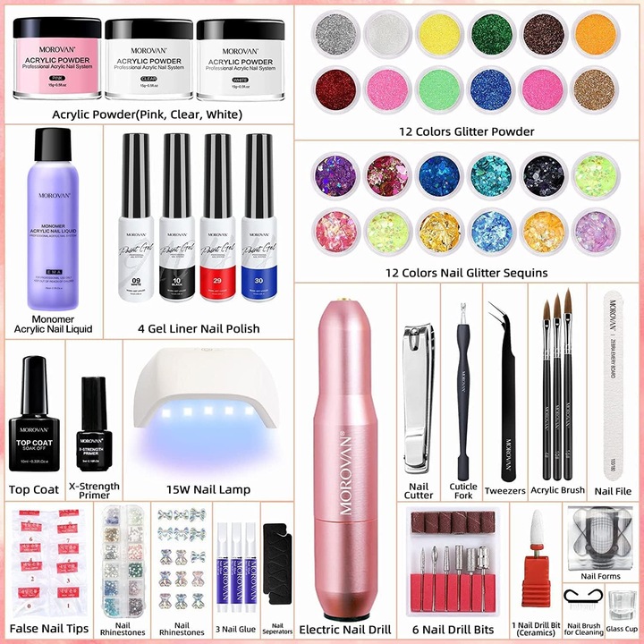 Set manichiura Morovan, kit acrilic complet, 3 culori pulbere acrilica, lampa UV 15W, unelte de decorare
